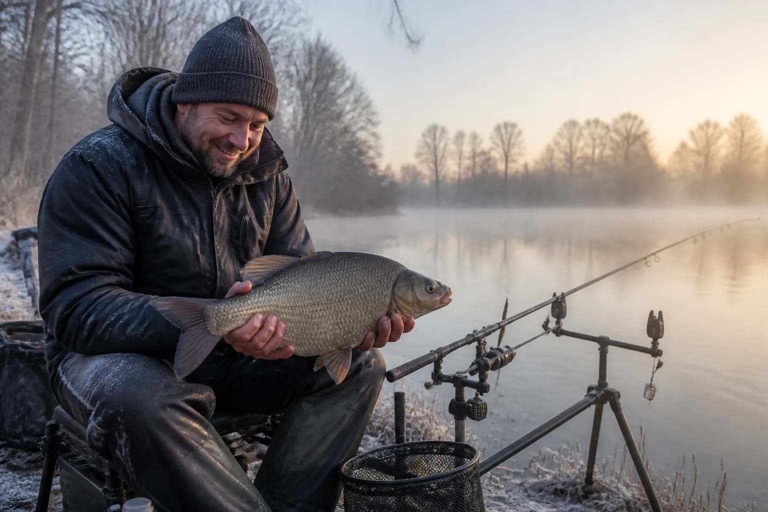 Angler hält eine frisch gefangene Brasse bei Winterangeln am nebligen See
