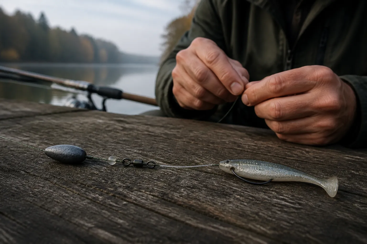 Carolina Rig Montage mit Laufblei, Glasperle, Wirbel, Fluorocarbon-Vorfach und Offset-Haken mit Gummiköder auf einem Holzsteg am See