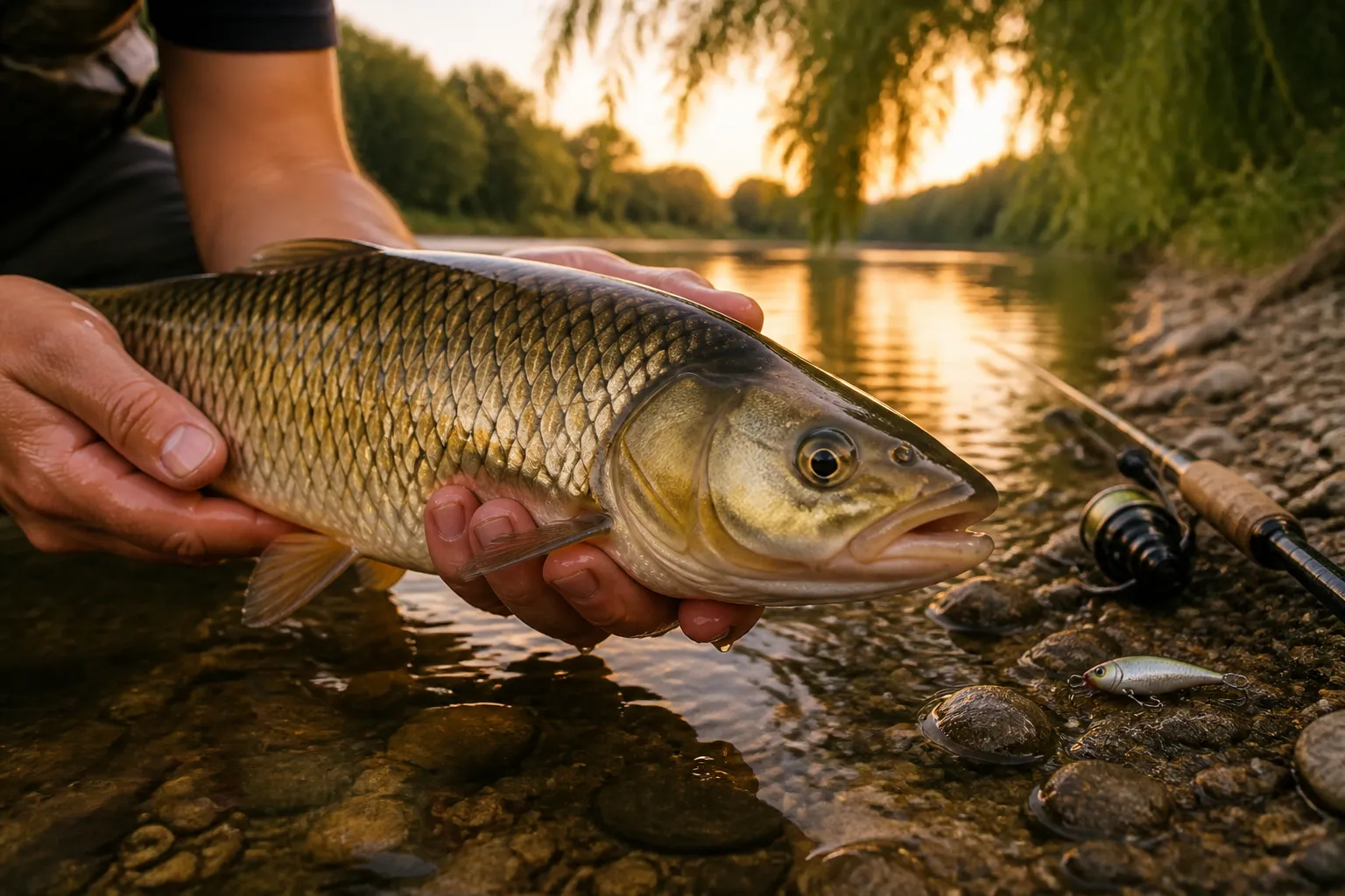 Angler hält einen frisch gefangenen Döbel über einem klaren Sommerfluss, bereit zum Zurücksetzen