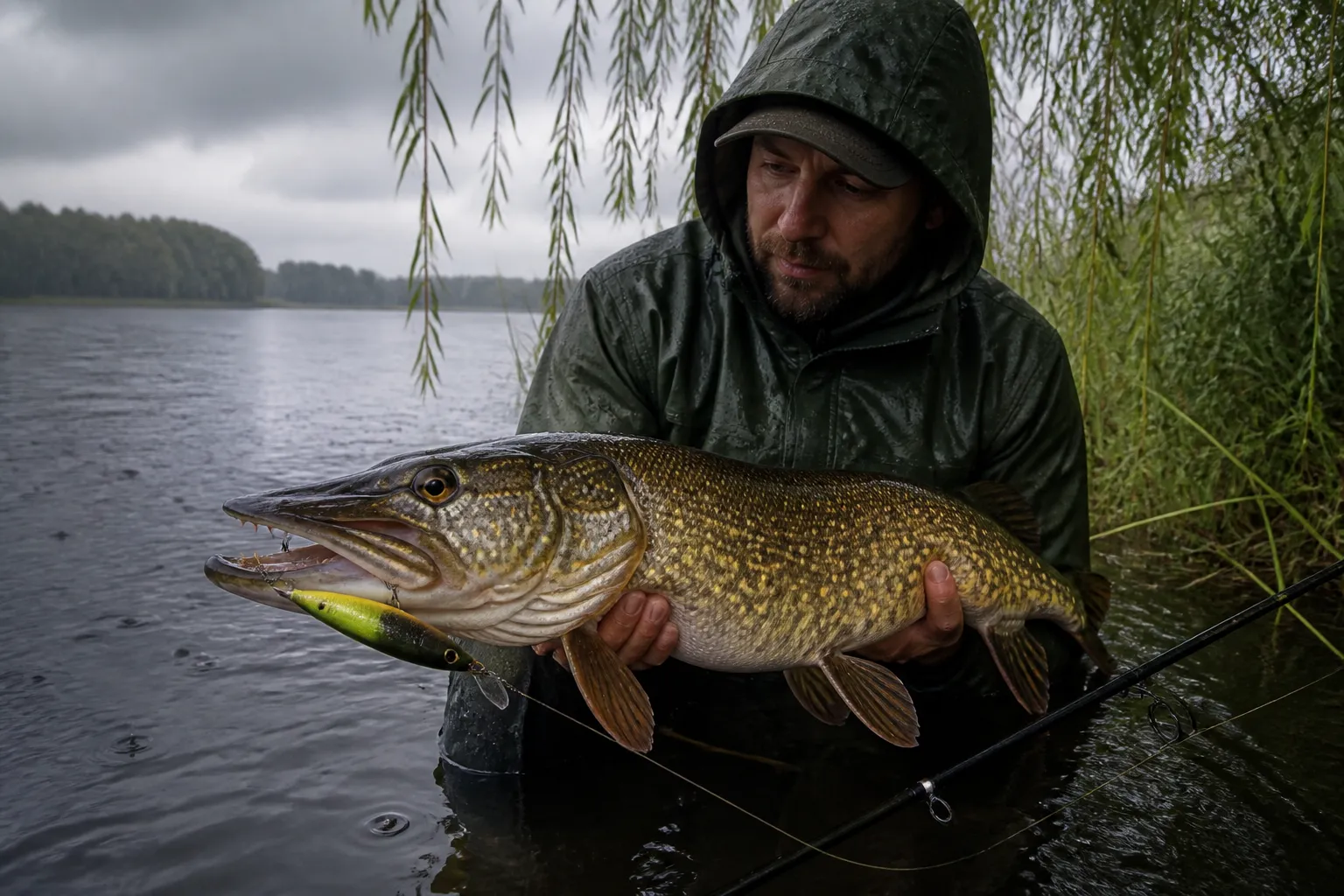 Angler hält einen frisch gefangenen Hecht im Regen über dem Wasser, mit Wobbler im Maul und Regentropfen auf der Oberfläche