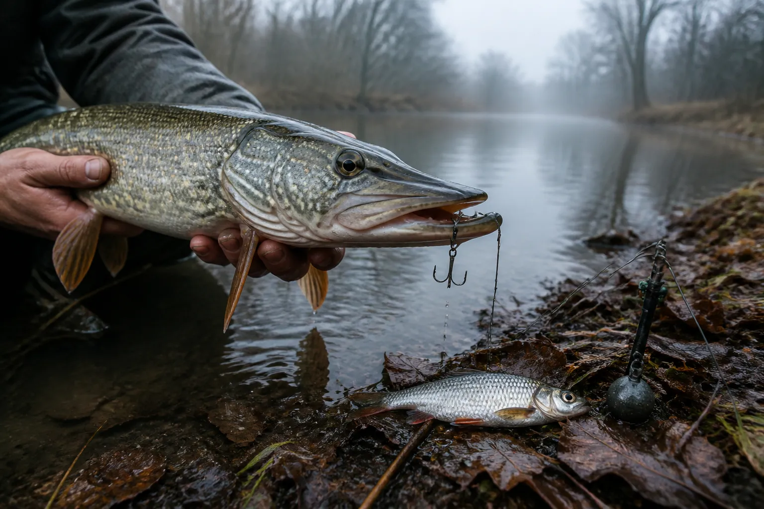 Angler hält einen frisch gefangenen Hecht über dem Wasser, daneben liegt ein toter Köderfisch und eine Deadbait-Montage