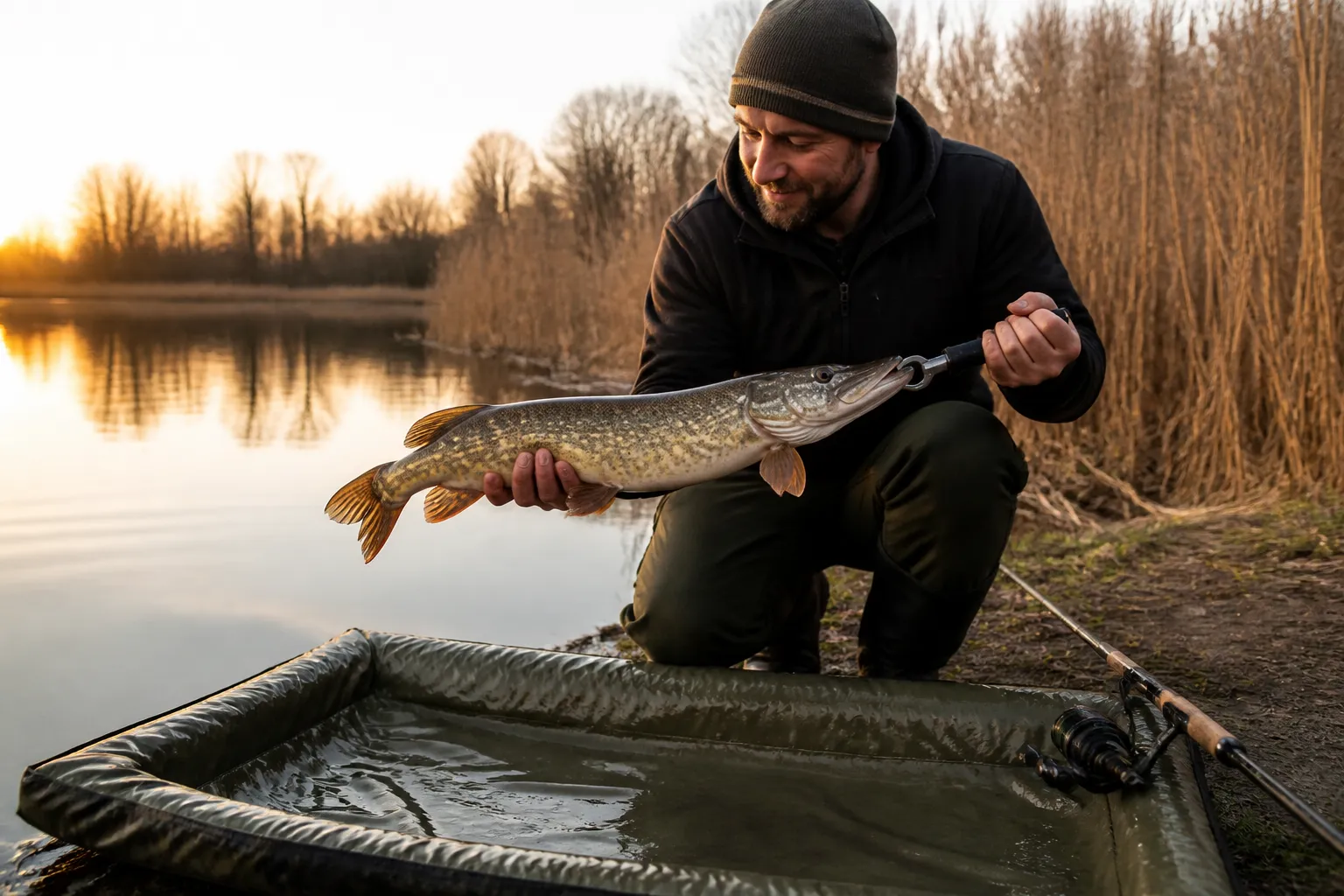 Angler hält einen Hecht über einer Messmatte an einem deutschen See – Mindestmaß prüfen vor der Entnahme