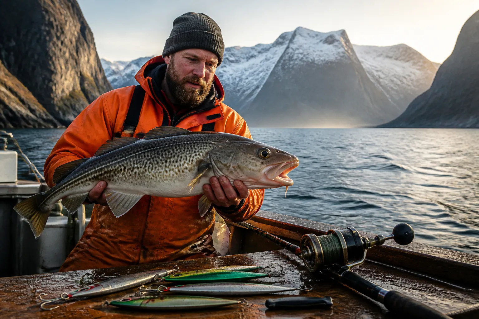 Angler im Ölzeug hält frisch gefangenen Kabeljau auf einem Angelboot vor norwegischen Fjorden, umgeben von Hochseeangel-Ausrüstung