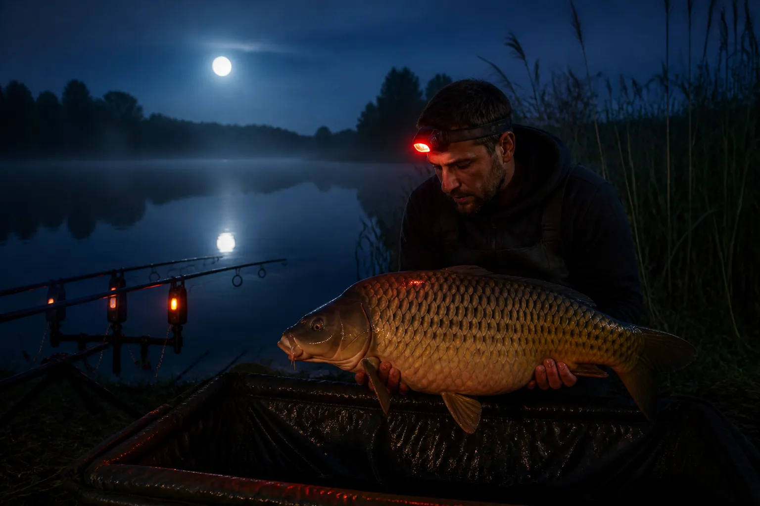 Karpfen angeln bei Nacht – Angler hält einen großen Karpfen auf der Abhakmatte, zwei Ruten mit Bisssignalgebern im Vordergrund, Mondlicht spiegelt sich im See