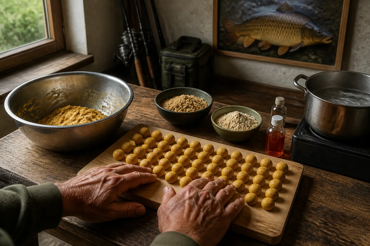Karpfen Boilies selber machen – Zutaten, Rollbrett und frisch gerollte Boilies auf einem Holztisch