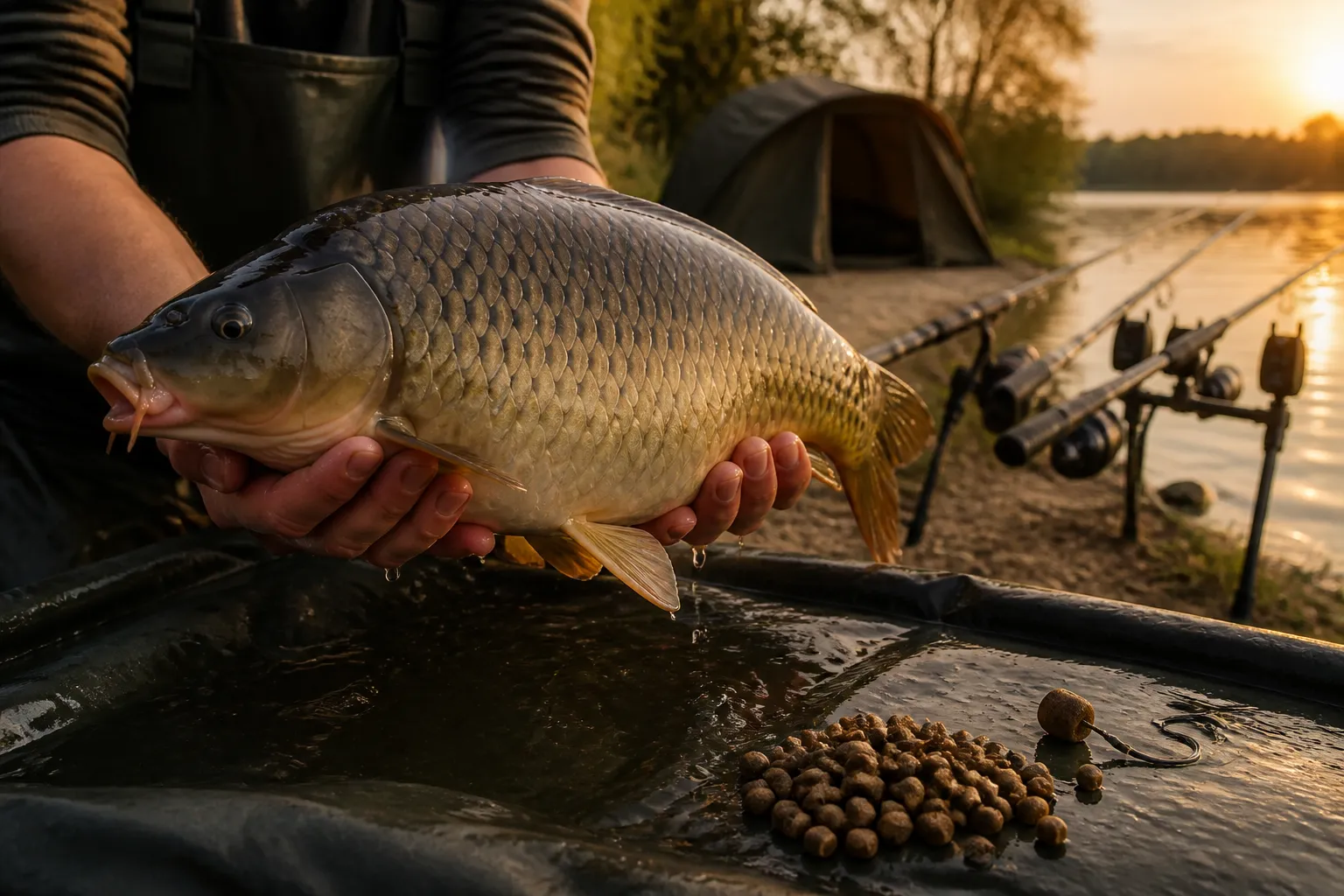 Angler hält einen frisch gefangenen Karpfen über einer Abhakmatte, daneben Halibut-Pellets und eine Haar-Rig-Montage
