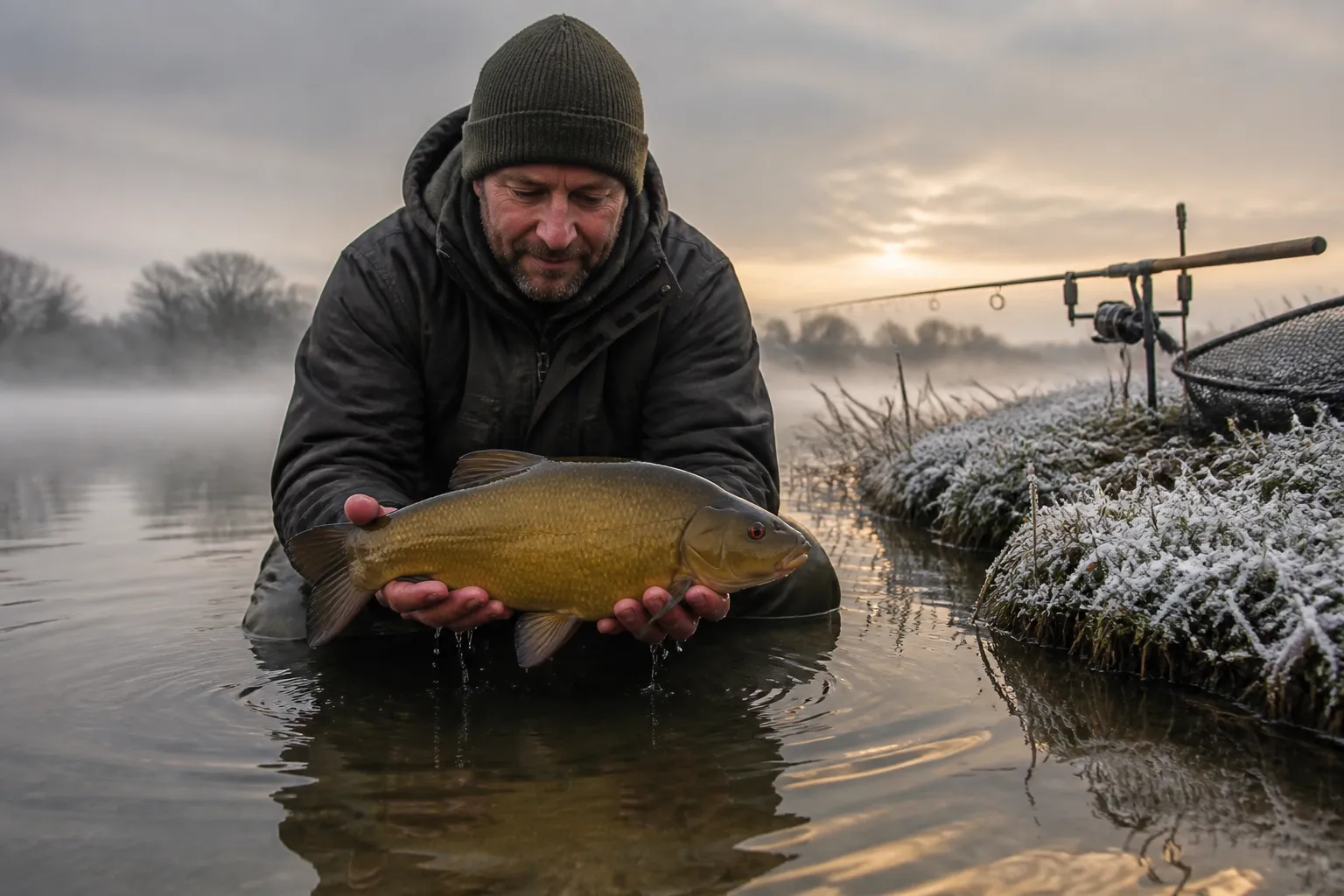 Angler hält eine frisch gefangene Schleie an einem winterlichen Baggersee bei Nebel und Frost