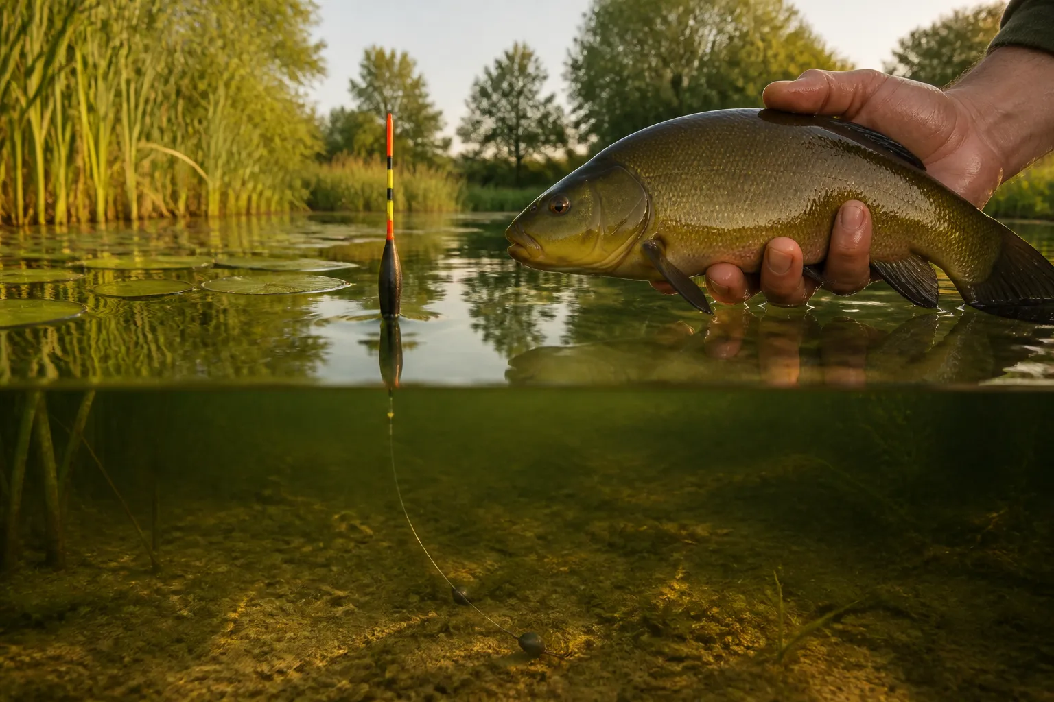 Schleie in Händen des Anglers mit Pose-Montage an einem ruhigen Teich mit Seerosenblättern im Hintergrund