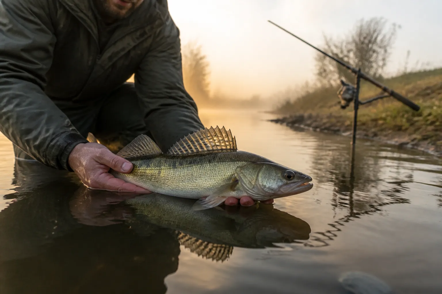 Angler hält einen Zander schonend über dem Wasser und setzt ihn zurück – Schonzeit Zander Deutschland