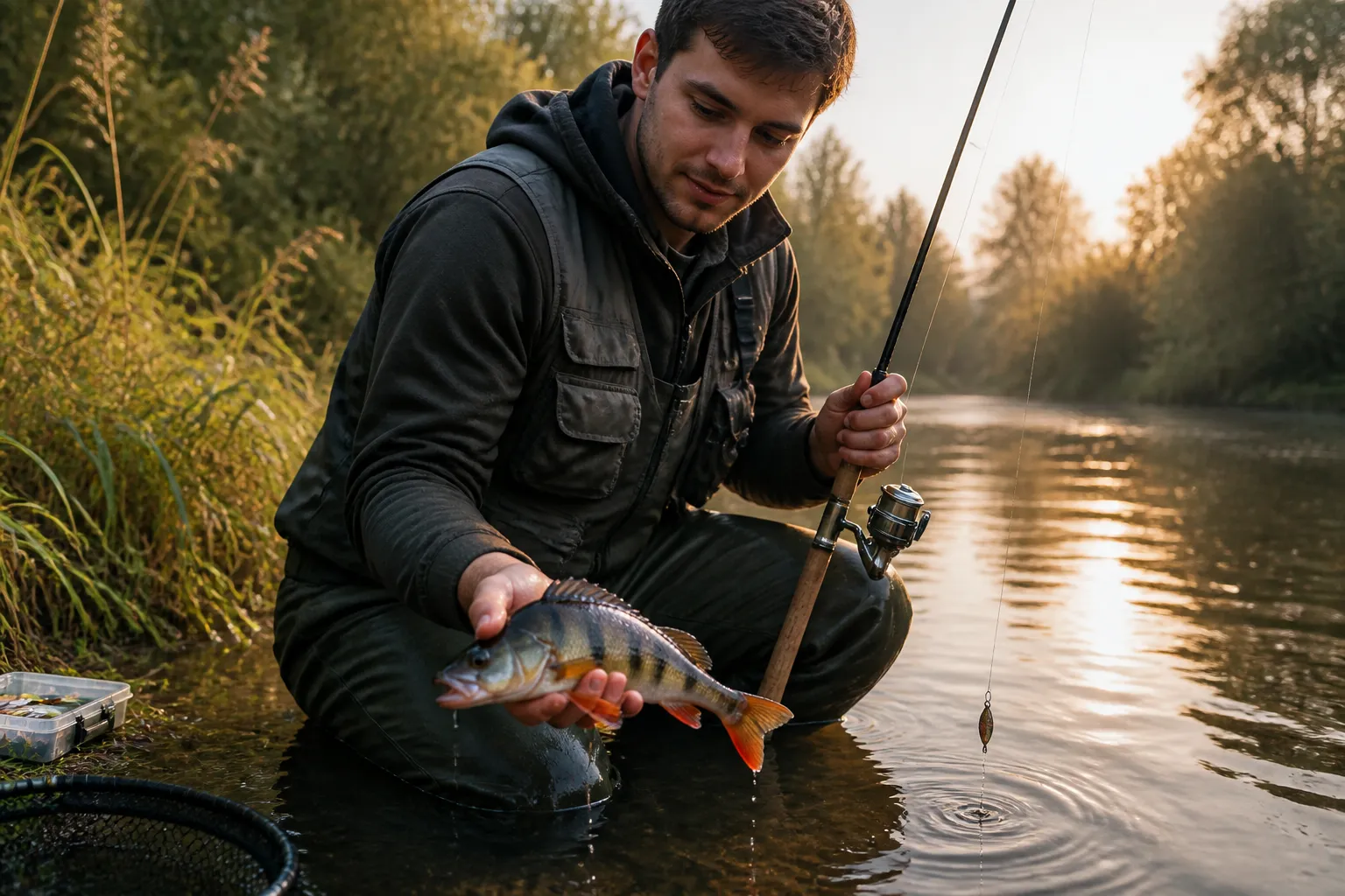 Junger Angler am Flussufer hält einen frisch gefangenen Flussbarsch in den Händen beim Spinnfischen