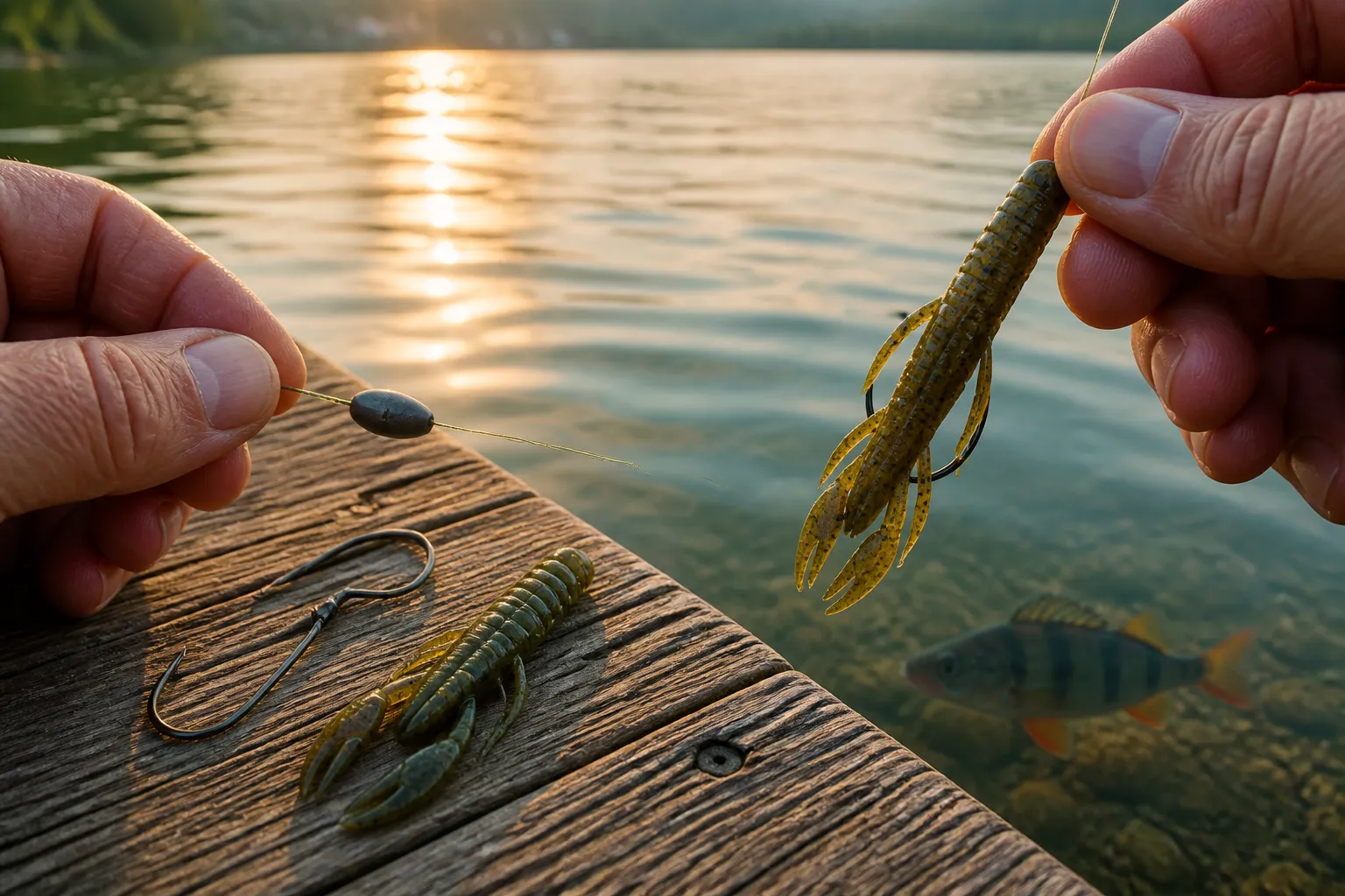 Hände eines Anglers beim Aufbau eines Texas Rigs mit Offset-Haken, Bullet-Blei und Gummifisch am Steg
