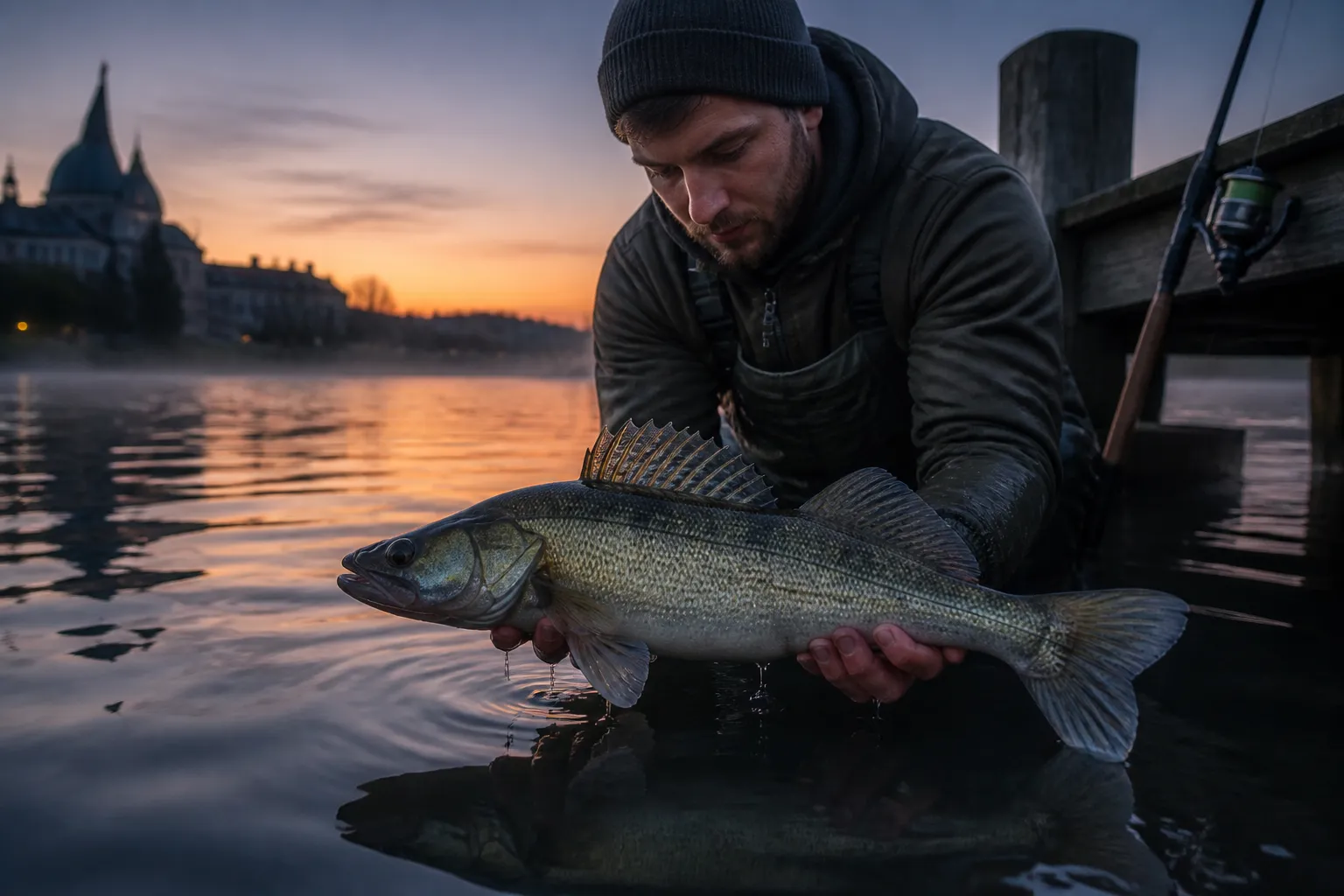 Angler hält einen frisch gefangenen Zander in der Dämmerung über dem Wasser – beste Beißzeit für Zander