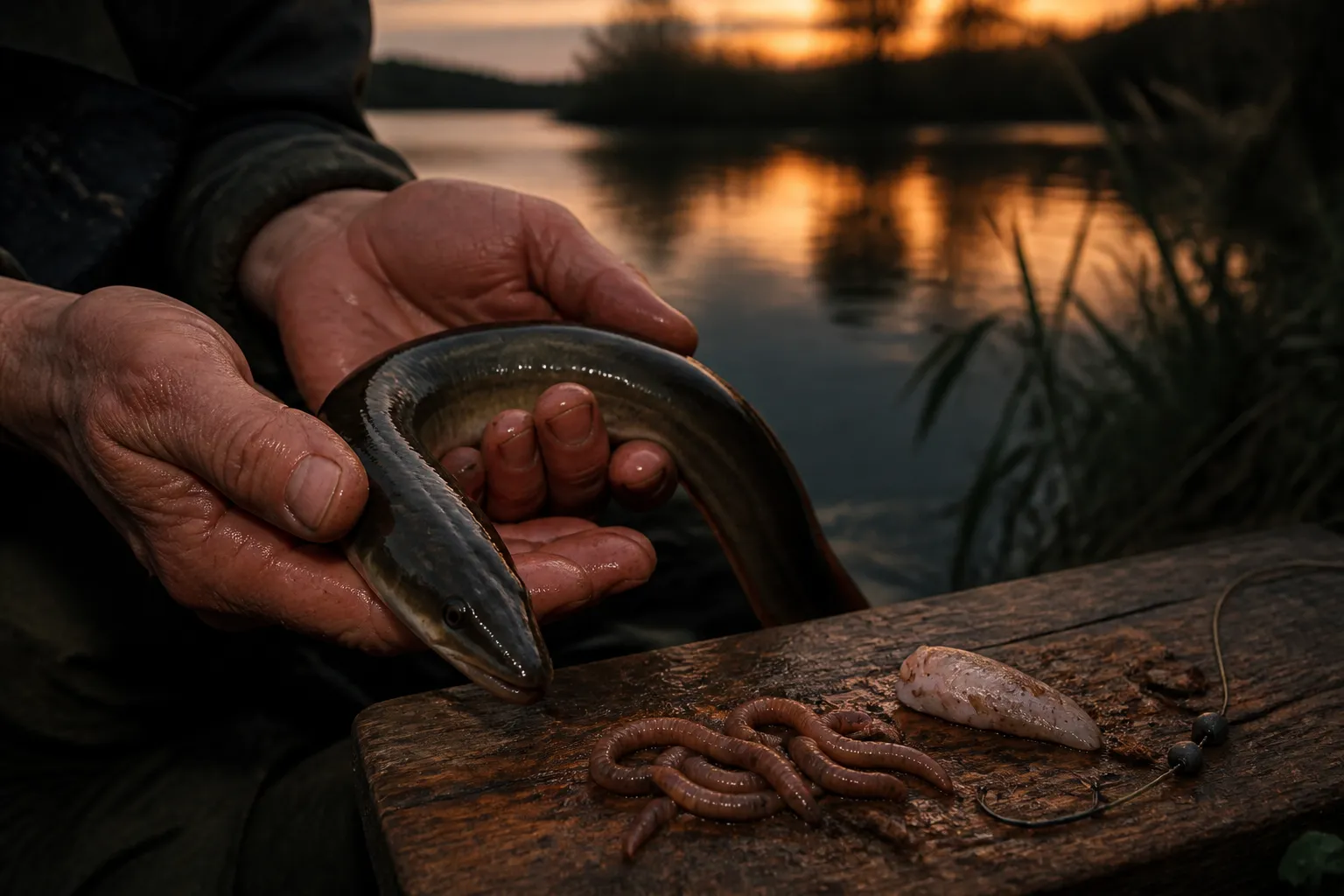 Angler hält einen frisch gefangenen Aal in den Händen, daneben Naturköder wie Tauwürmer und Fischfetzen auf einem Holzbrett am Flussufer bei Abenddämmerung
