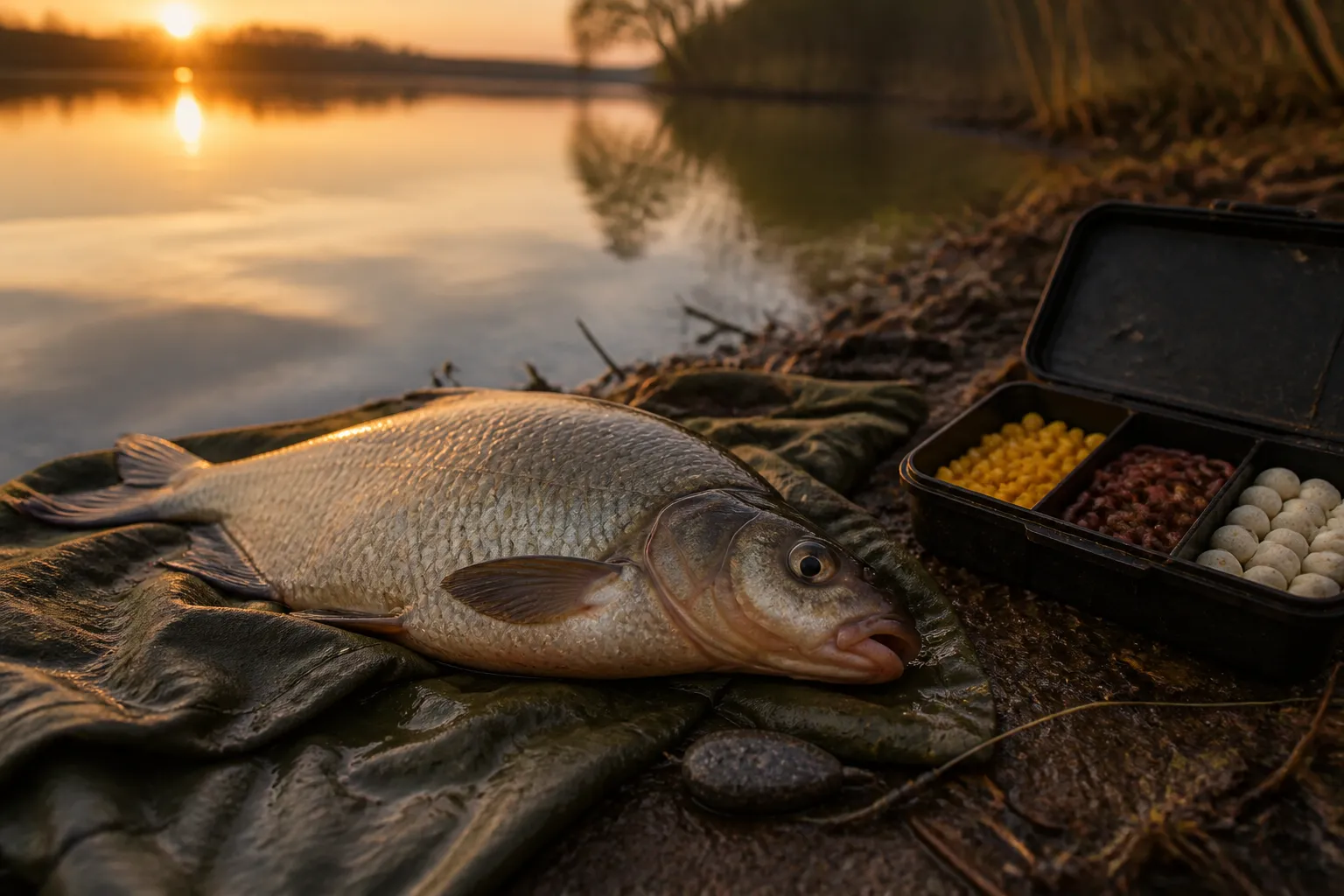 Frisch gefangene Brasse neben Naturködern wie Mais, Tauwurm und Boilies an einem ruhigen See – Grundmontage sichtbar