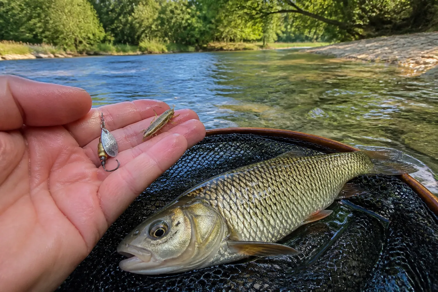 Spinner und Heuschrecke als Döbelköder mit gefangenem Döbel im Kescher an einem sommerlichen Fluss