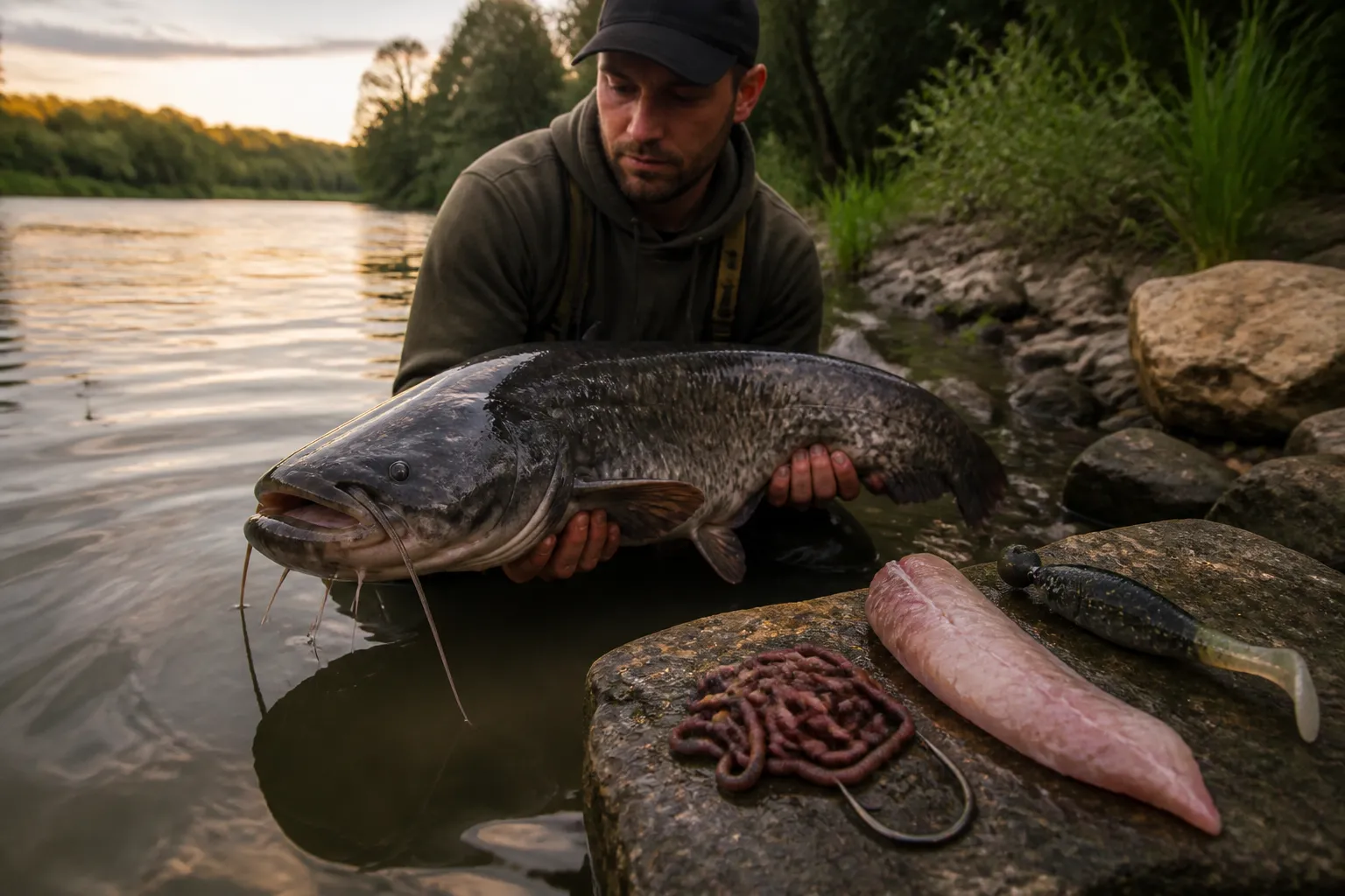 Angler hält einen frisch gefangenen Wels über dem Wasser, daneben typische Wels-Köder wie Tauwürmer und Gummifisch