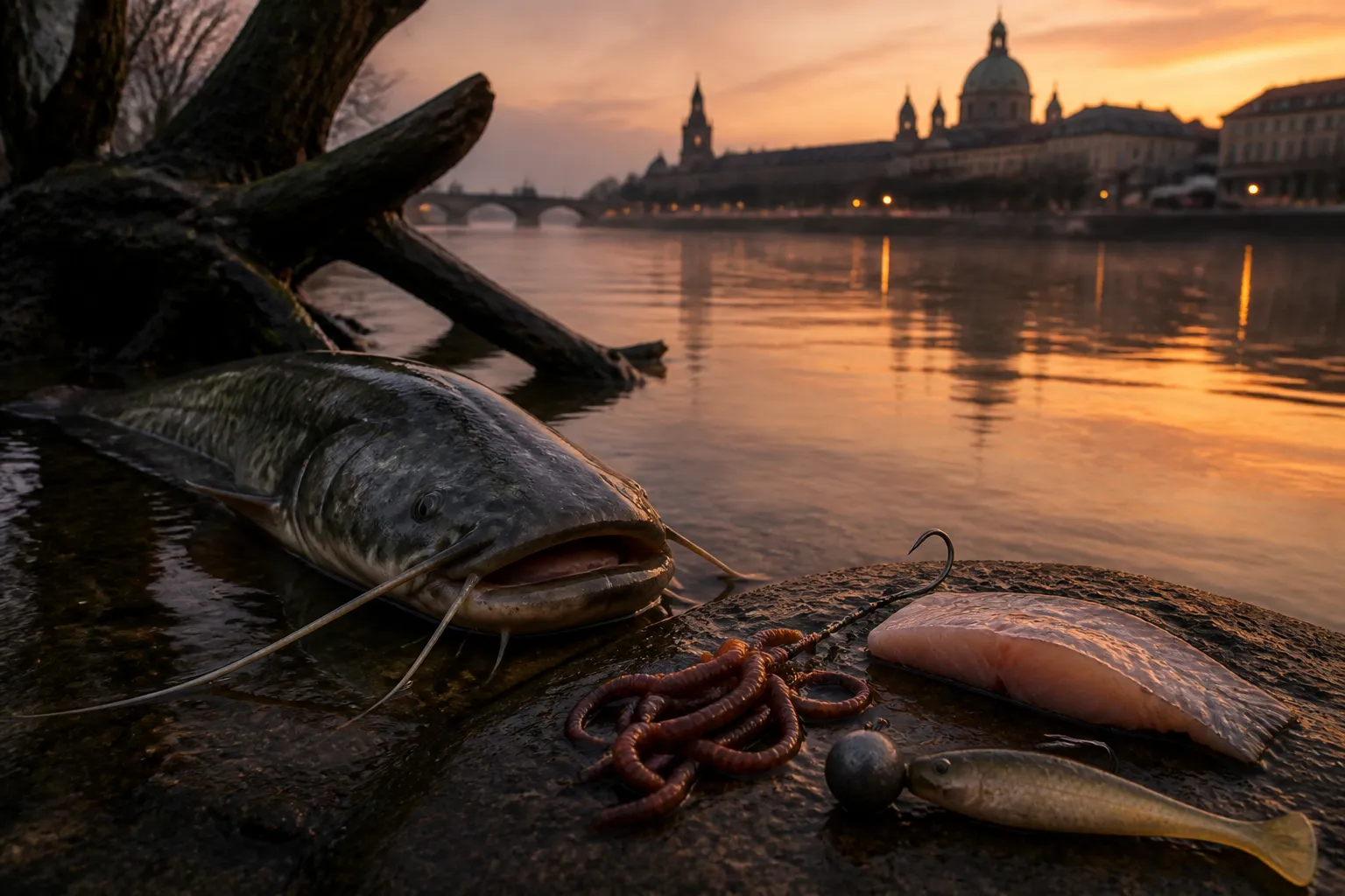 Wels neben verschiedenen Ködern – Tauwurmbündel, Fischfetzen und Gummifisch – am Flussufer in der Abenddämmerung