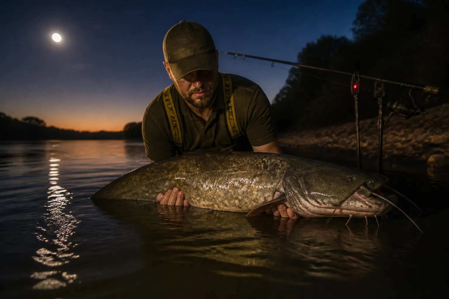 Angler hält einen großen Wels in einer Sommernacht am Fluss kurz über dem Wasser vor dem Zurücksetzen