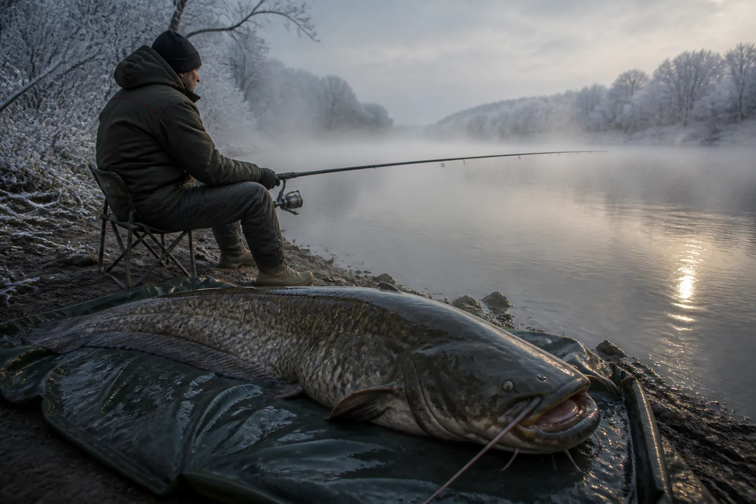 Angler im Winter am Flussufer mit einem frisch gefangenen Wels auf der Abhakmatte bei frostigem Morgenlicht