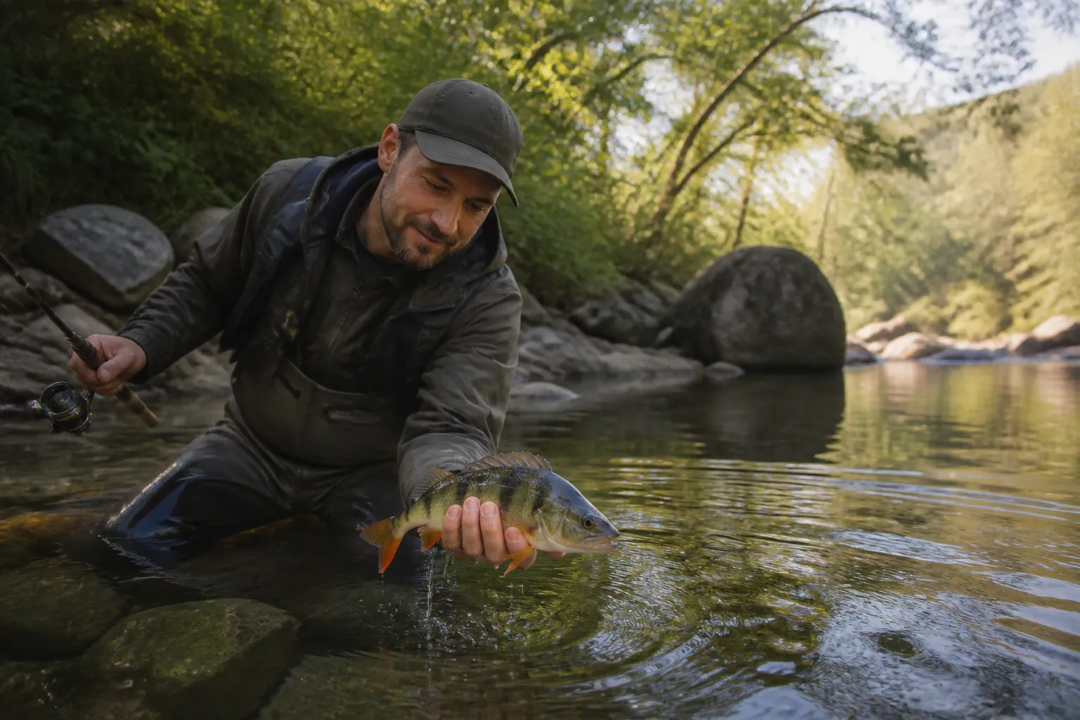 Angler steht im Fluss und hält einen frisch gefangenen Flussbarsch in den Händen beim Flussangeln