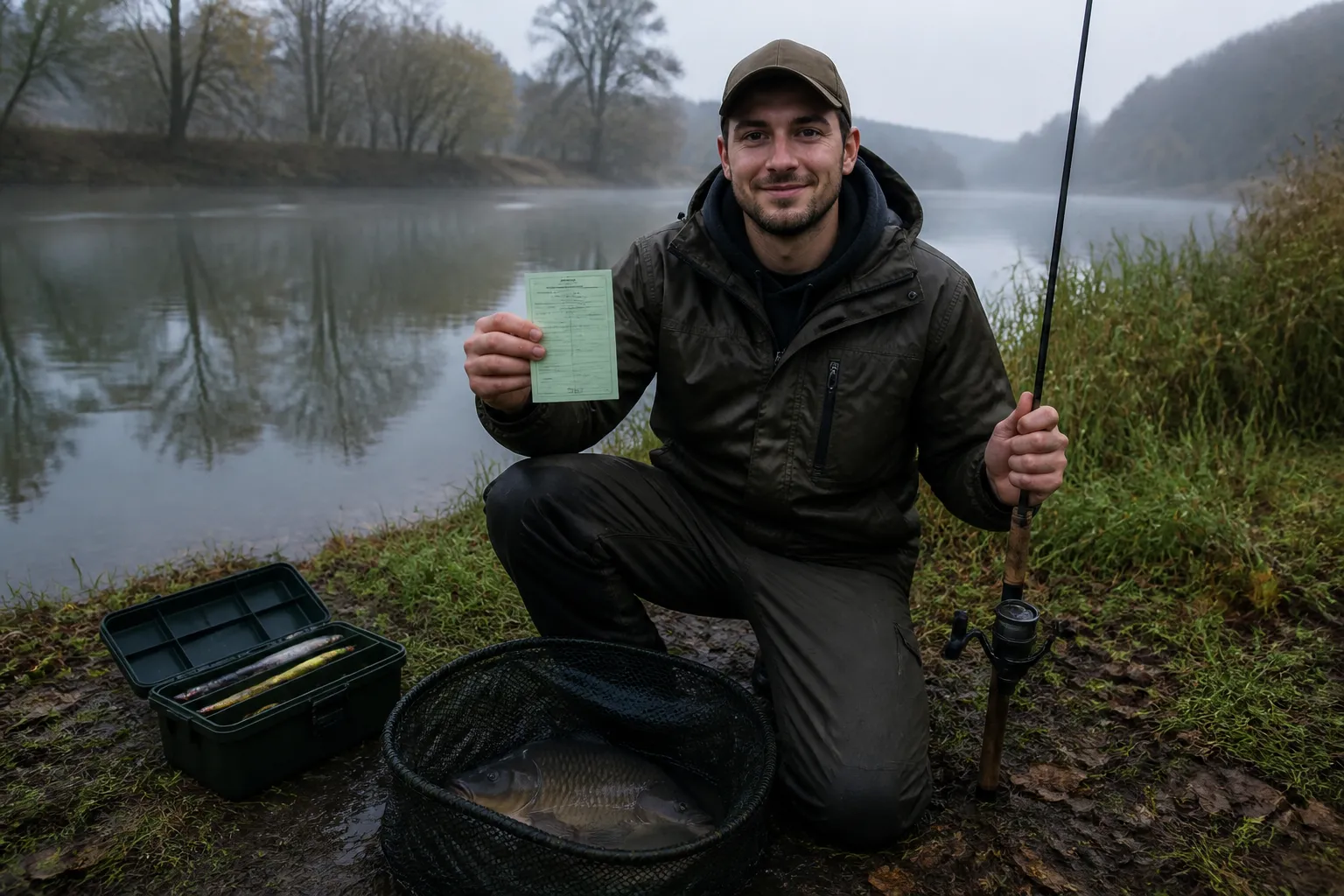 Junger Angler am deutschen Flussufer hält seinen Fischereischein und eine Angelrute, neben ihm ein Kescher mit Karpfen
