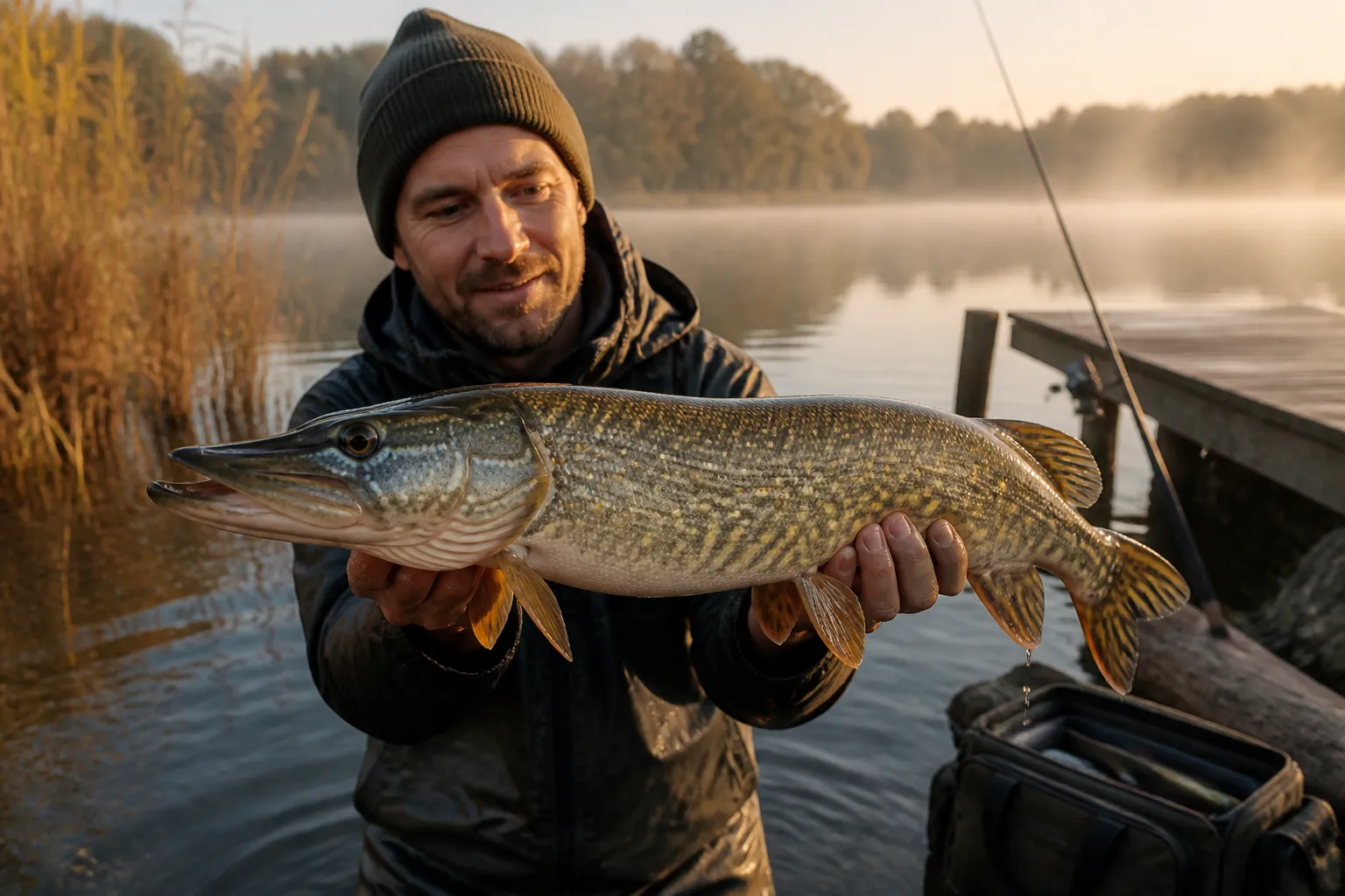 Angler hält einen großen Hecht an einem deutschen Natursee bei Sonnenaufgang