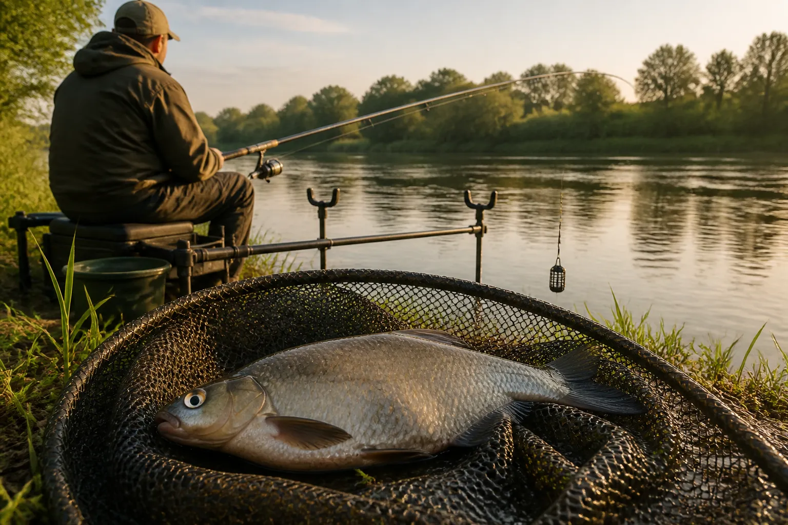 Angler beim Feederangeln am Flussufer mit Feederrute, Quivertip und gefangener Brasse im Kescher