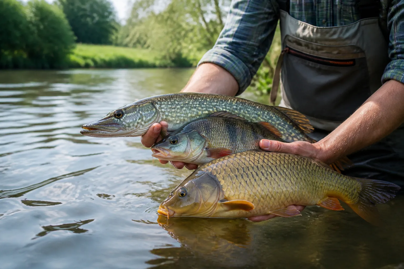 Angler hält heimische Süßwasserfische – Hecht, Flussbarsch und Karpfen – zur Bestimmung über einem klaren Fluss