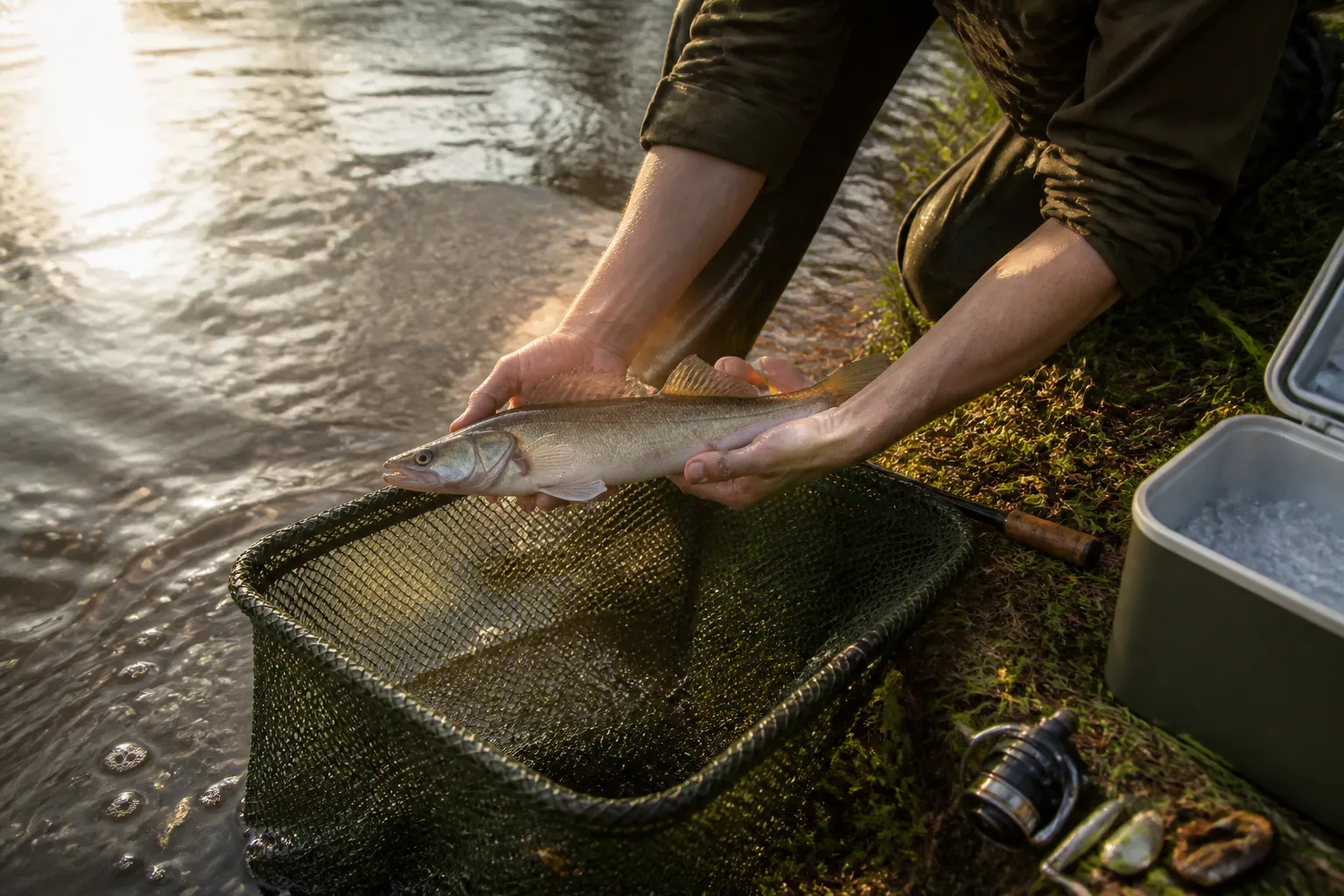 Angler setzt gefangenen Zander schonend in einen Setzkescher am Flussufer