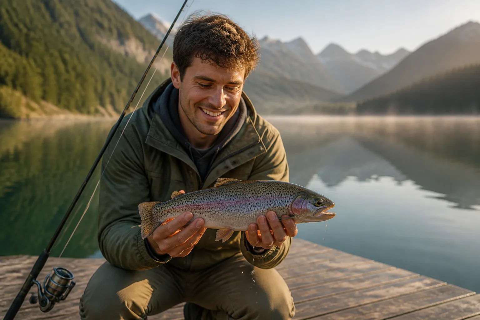 Angler hält eine frisch gefangene Regenbogenforelle an einem klaren bayerischen Bergsee in den Händen