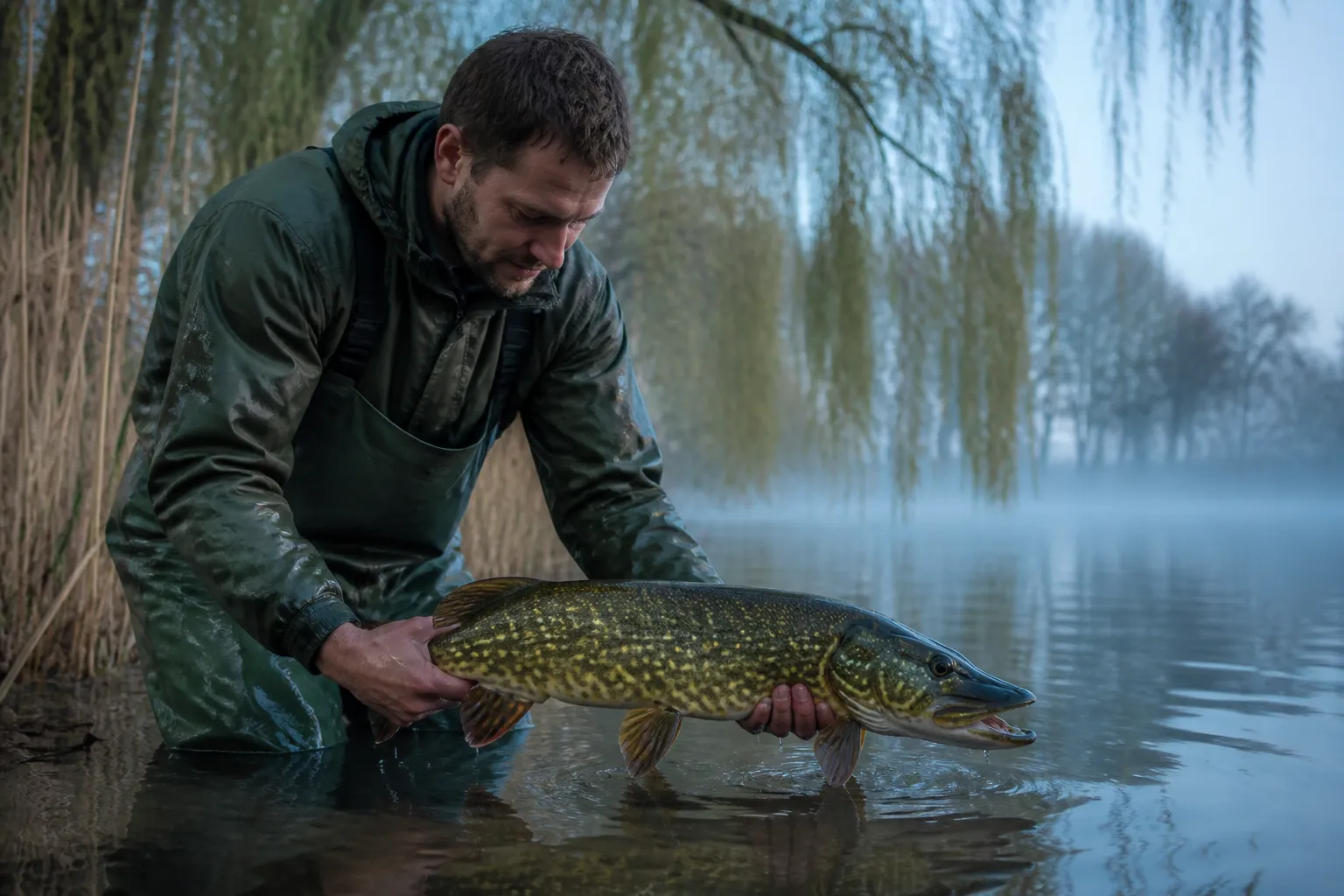 Angler setzt einen Hecht während der Laichschonzeit schonend ins Wasser zurück – Frühjahr an einem deutschen See