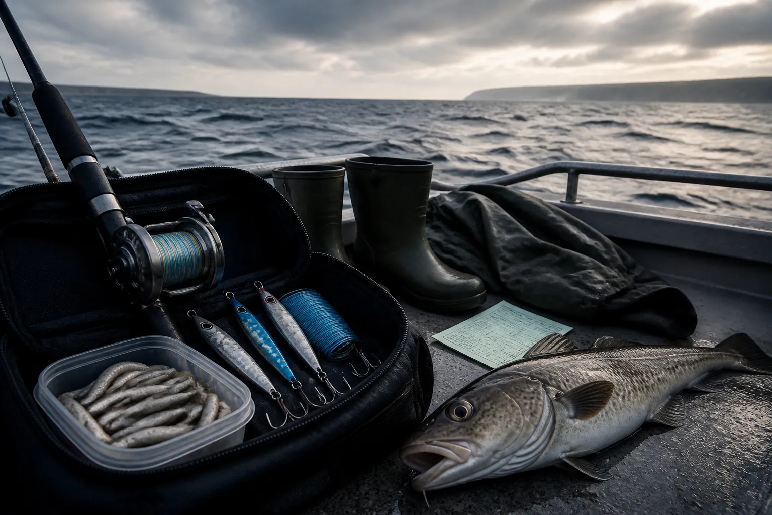 Hochseeangeln Nordsee Ausrüstung: Meeresrute, Pilker, Naturköder und Fischereischein auf dem Deck eines Charterboots mit frisch gefangenem Dorsch