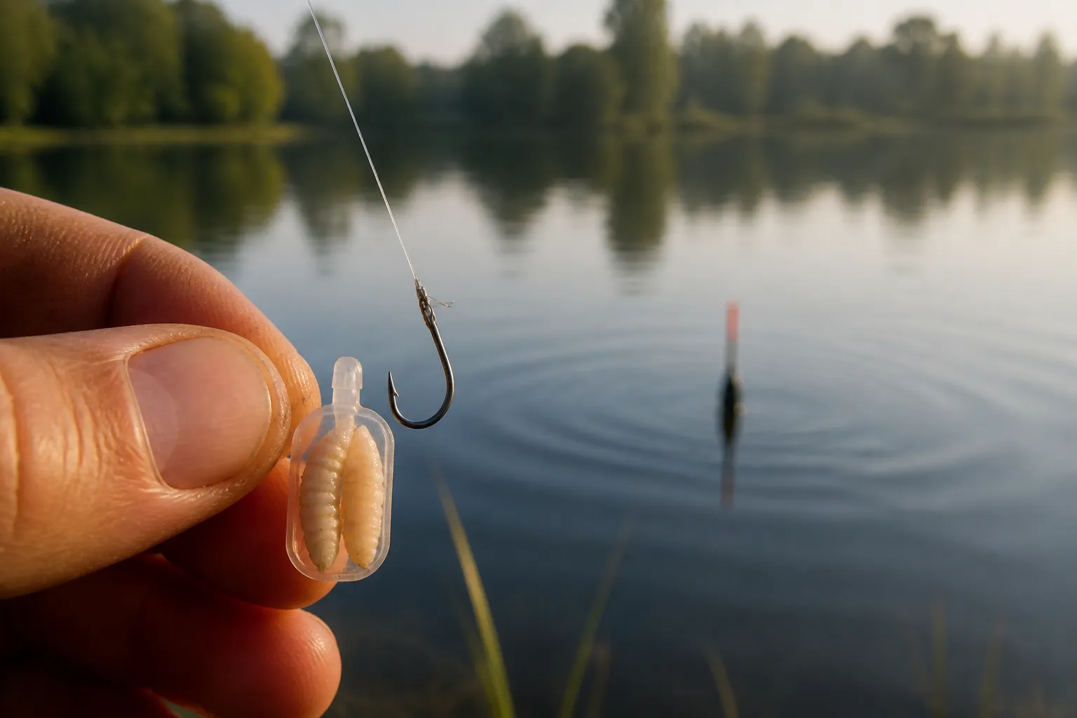 Maggot Clip mit eingeklemmten Maden am Angelhaken für die Posenmontage auf Weißfisch