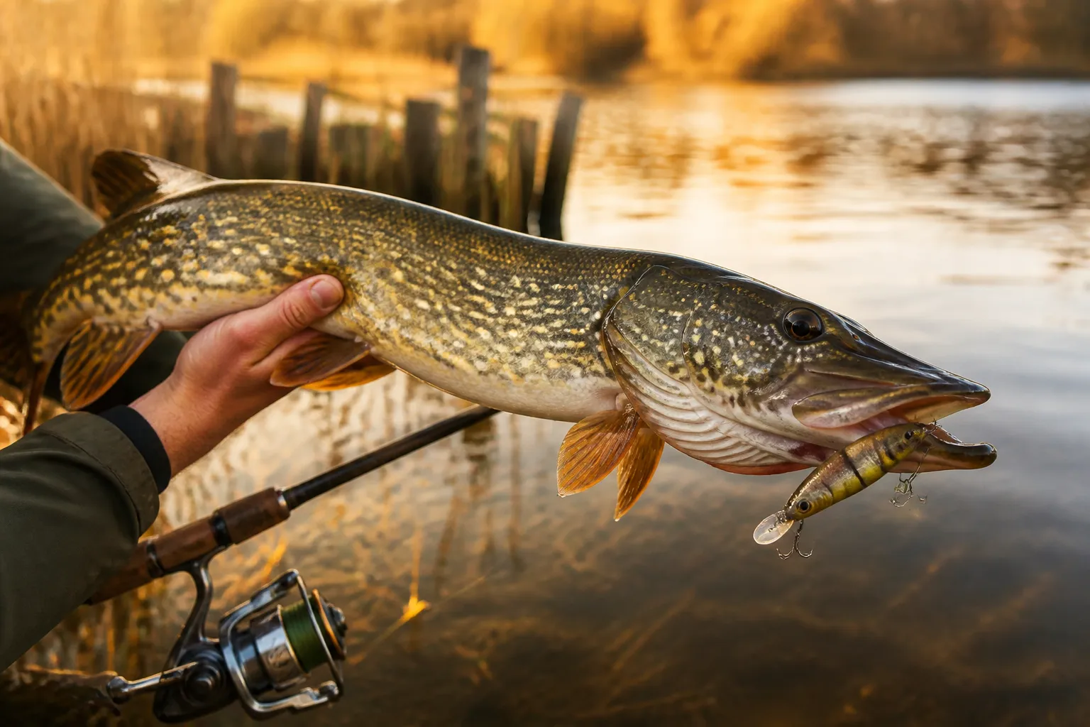 Angler hält einen frisch gefangenen Hecht mit einem Wobbler im Maul über einem deutschen See im Herbst